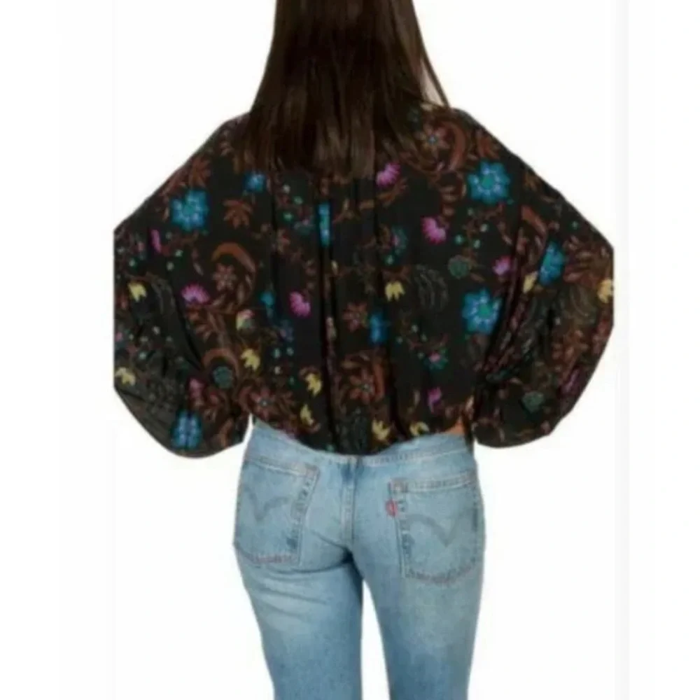 Free People Wildflower Honey Stretch‎ Mesh Floral Ruffle Blouse